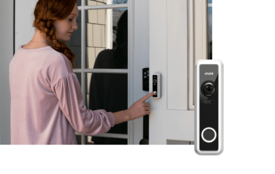 Girl pressing Vivint Doorbell Camera Pro with view of Smart Lock and product image of the doorbell camera in bottom left corner
