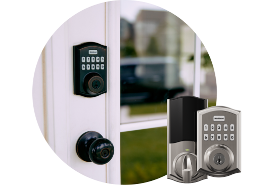 Smart Lock on door with a product image of a Smart Lock on bottom corner