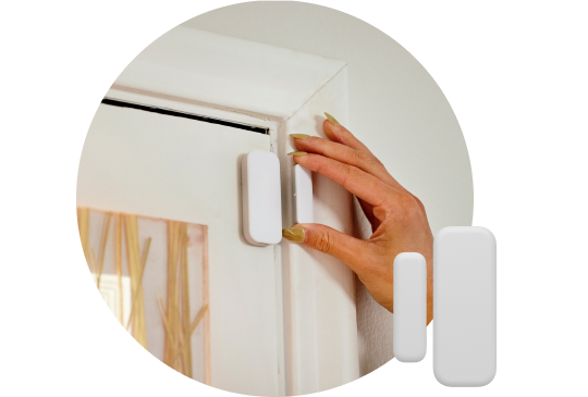 Person installs a Vivint Door and Window Sensor on a door, product image in the forefront